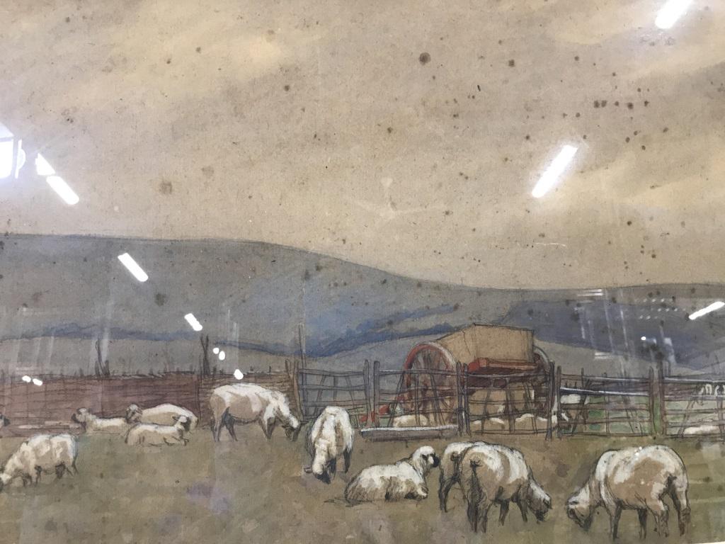 Vintage framed sheep farm art: Framed art scene of sheep. Appears to be painted with watercolor. No signature found. Framed in wooden frame measuring approximately 26.5 by 19.5 inches. Art, Framed Art, Watercolor, Farm, Farm Art, F