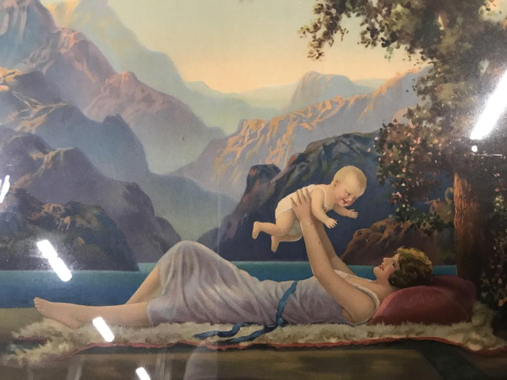 Vintage framed print signed fox-urgelles: Vintage print of mother and child. Colorful collectible piece framed in a wooden frame. Measures approximately 19.5. By 12 inches. Wire in back provided for hanging. Framed art, art print, mother and