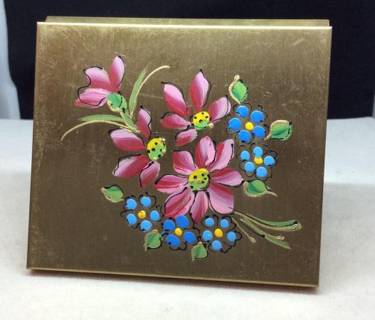 Hand Painted Compact Mirror: Floral motif of vivid colors outlined in black, Snap closure. 2.5 x 2 3/4 in. Cushion pad to protect mirror. Vintage compact mirror, Purse Mirror, travel Mirror, Hand Painted compact, make up accessor