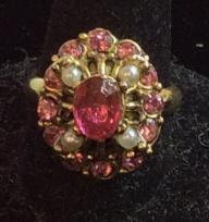 Vintage Costume Cocktail Ring, c. 1960: Center Pink Oval Rhinestone, seed pearls and encrusted Pavé pink rhinestones. Size 6 costume jewelry, vintage cocktail ring, pink rhinestone, C. 1960, ring size 6, vintage jewelry , vintage wearable