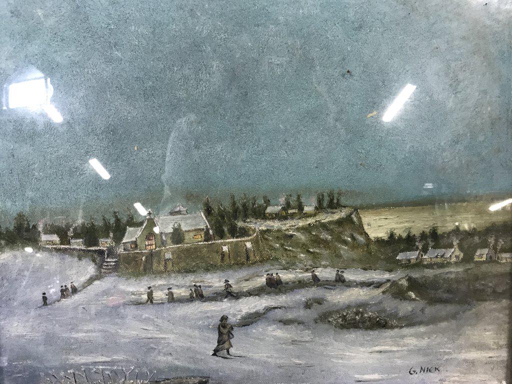 G. Nick signed painted winter scene: Painted winter scene signed in lower right corner by G. Nick. Framed in wooden frame. Measures approximately 14.75 by 11.5 inches. Art, framed art, painted art, vintage art, painting, vintage painting