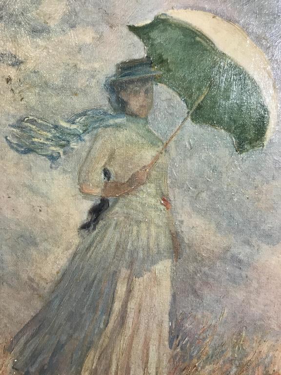 Oil On Canvas Of Woman W Parasol, Monet: Painting depicts a female figure wearing a white dress and a hat holding an umbrella. Piece measures approx 16 inches tall 12 inches wide. reproduction painting of monet woman with parasol, 6