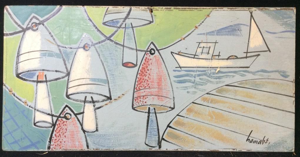 HAMABE Signed Painting On Board: singed Hamabe in lower corner, measures approx 24 in by 12 in. painting on board depiction harbor with sail boats, with cone shape designs, some chips to paint and damage to board appropriate to age,