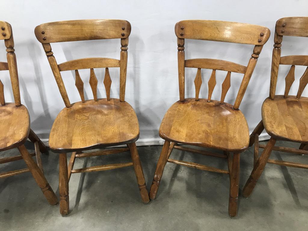 Set 4 Vintage Hand Crafted Wooden Dining Chairs: Set 4 Vintage Hand Crafted Wooden Dining Chairs, Possibly maple, some surface scratches, nicks, and paint marks, some need tightening, measures approximately 33.5 inches in height x 18 inches wide x 1