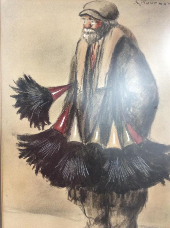 S Thurman Artwork Of Male Figural: Piece appears to possibly be signed S Thurman. Piece depicts a male figure who appears to be carrying dusters. Piece is possibly multi media. Measures approx 19 inches tall 14 inches wide. Piece is pr