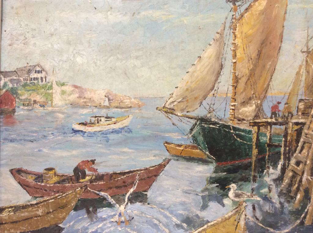Framed Nautical Painting On Board: Painting depicts multiple boats and multiple figures sailing near a dock. Nautical painting, boat painting, wall art, painting, framed art. Piece is professionally framed with light blue slate toned f