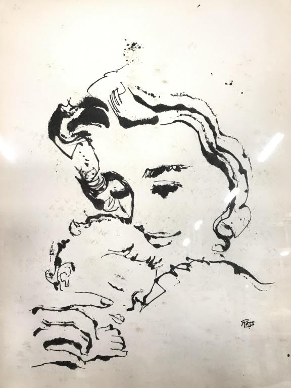 ROSS Signed Mother & Child Ink Art: Artwork is signed ROSS. Medium of artwork appears to be ink. Image depicts a mother & child. Piece is professionally framed with slate toned frame. Piece measures approx 20 inches tall 16 inches wide.