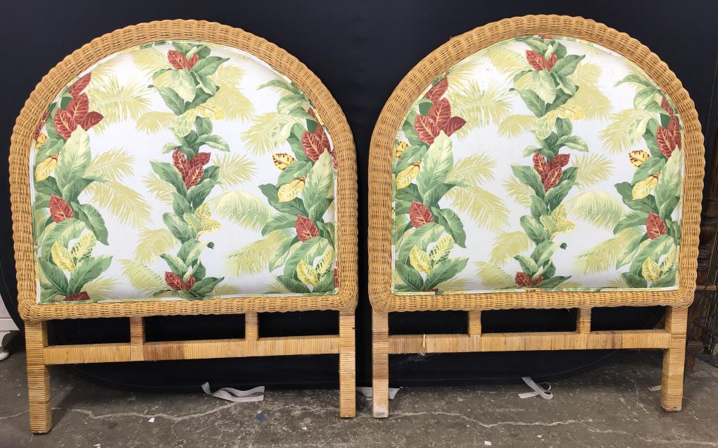 Lot 2 Wood & Wicker Headboards: Lot includes 2 head boards. Each are wooden and wicker. Both pieces have floral & leaf detail. Each measures approx 48 inches tall 37 inches wide. Each have some wear and minor breaks in wicker. home