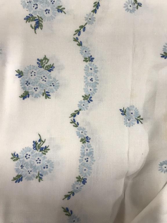 Hand Embroidered Blue Floral Tablecloth: Large Linen tablecloth. Hand Embroidered blue asters border, in a vine pattern with floating asters throughout. Measures 107 in. x 124 in. approx. some cloth discolorations, fabric, linens, tablecloth