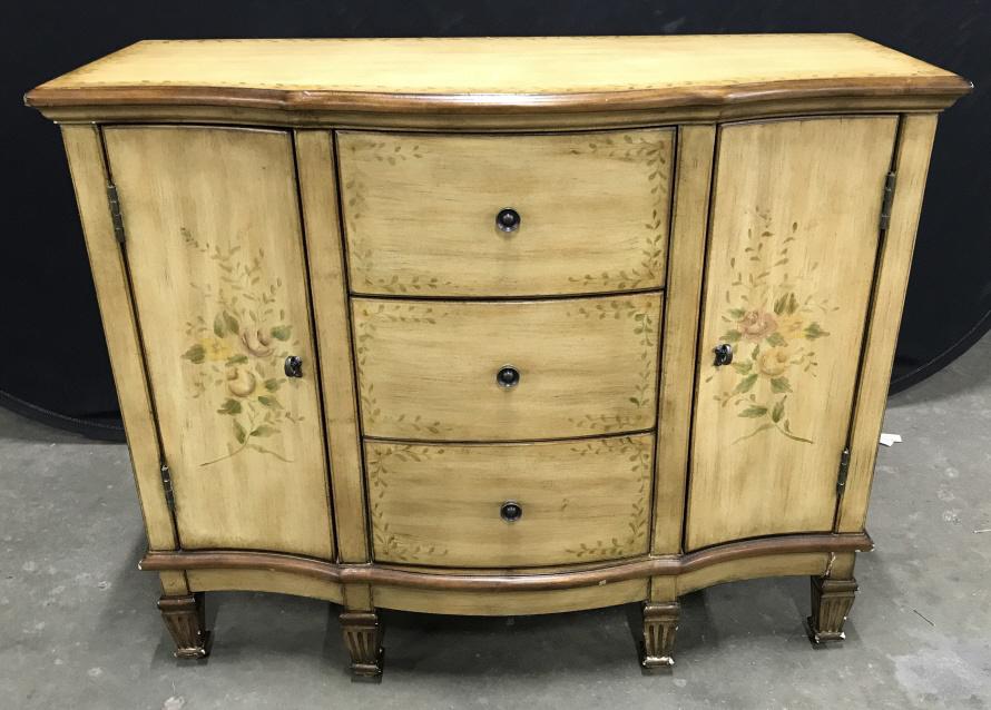 Hand Painted Credenza Sideboard Cupboard: Hand Painted Credenza Sideboard Cupboard by Polanski Furniture Corporation, In caramel toned base, painted green leaf and rose design, and brass toned metal drawer pulls, some chips to edges and base 
