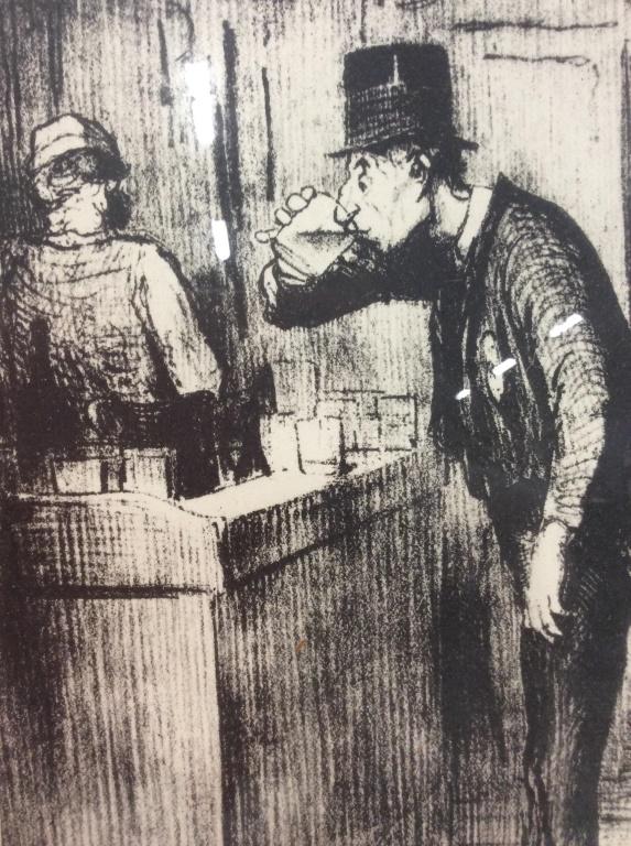 HONORE DAUMIER Vintage Framed French Litho: Lithograph depicts a male figure wearing a hat drinking a beverage, a bartender and a male figure smoking pipe. Backside of piece has Authentication. Lower right corner reads IMP BERTAUTS, PARIS. Piec