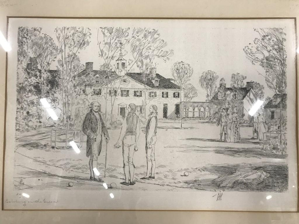 Framed Bowling on the Green by Childe Hassam: Vintage framed print titled Bowling on the Green by Childe Hassam. Print is signed in pencil on lower right corner of print. Piece measures approximately 20.5 by 16.5 inches. Vintage, vintage print, c