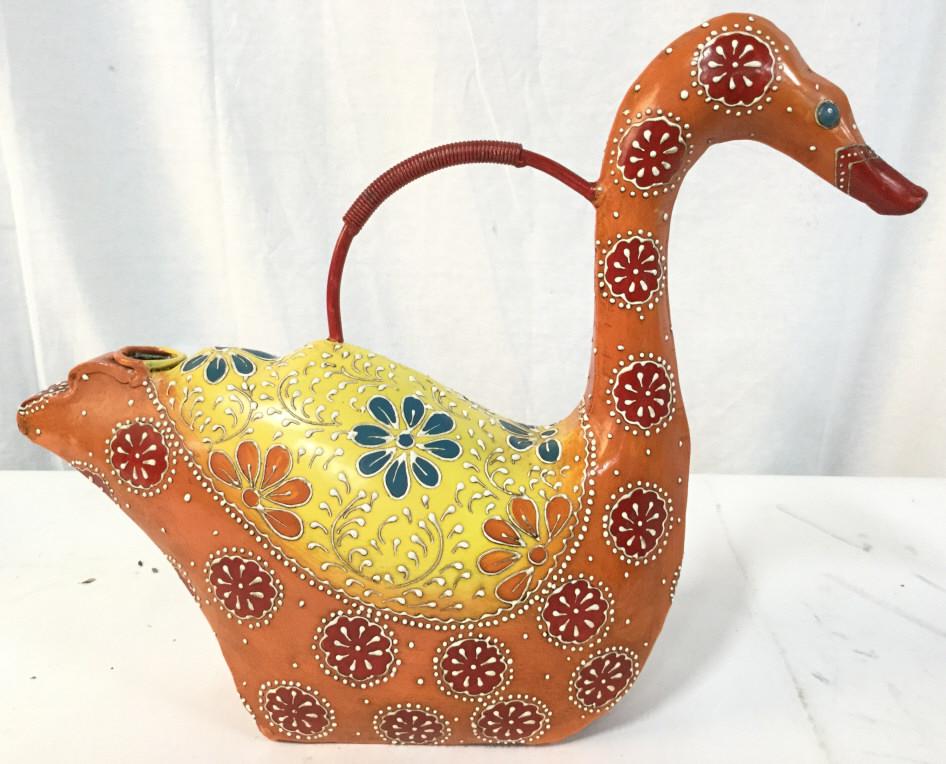 Multi Toned Painted Swan Watering Can: Watering can appears to Possibly be hand painted. Piece is in the shape of a swan. Watering can, Swan watering can, duck watering can, painted watering can, garden tools, garden accessory. vessel deco