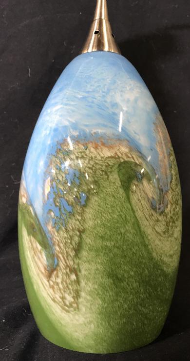 Colorful Art Glass Ceiling Pendant Light: Vibrant blue and green swirl art glass shade for ceiling pendant light fixture. Shade measures approx 10 inches in height by 4 inches in diameter. Silver tone metal hardware. Light fixture, art glass 