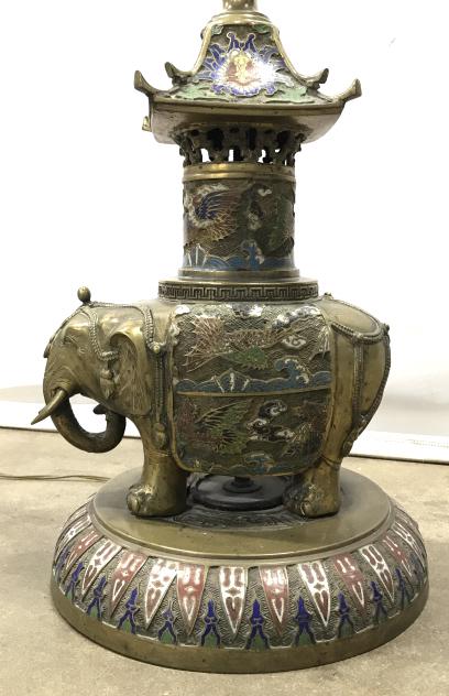 Vintage Elephant Brass And Cloisonné Floor Lamp: Vintage Middle Eastern Style Elephant Themed Brass Toned Metal And Cloisonné Floor Lamp With circular glass tray table at center, includes finial, lamp not tested, no condition issues noted, measures