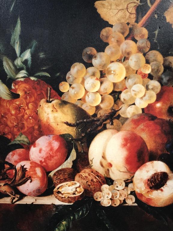 E. Ladell Still Life Canvas Print w Ornate Frame: Print on canvas of an Edward Ladell still life of fruits and nuts on table. Canvas is set in brushed gold tone ornately carved wood style frame. Settings for frame measure approx 22.7 inches in height