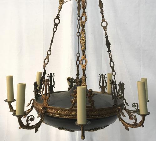 Gilt Metal French Empire Style Eight Arm: Chandelier Vintage Possibly Antique Gilt And Black Toned Metal French Empire Style Chandelier, Eight Swan And Scroll Designed Arms, and gilt metal cherubs, angels, Scroll and leaf design throughout, s