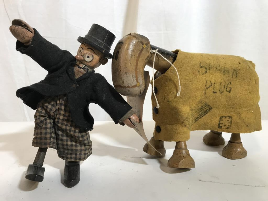C.1922 SCHOENHUT Barney Google & Spark Plug Dolls: SCHOENHUT carved and painted wooden dolls of Barney Google and his horse, Spark Plug. Whimsical duo in full outfits, Spark Plug wears familiar yellow blanket. Original paper label on underside of hors