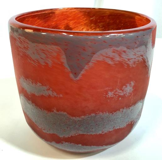 Red Grey Art Glass Vessel Vase: New inventory from Country Willow Fine Home furnishings Bedford Hills New York, decorative accessory hand crafted art glass, vase, vessel, bowl, table ware, cache pot, measures ht 6.5 inches diameter 