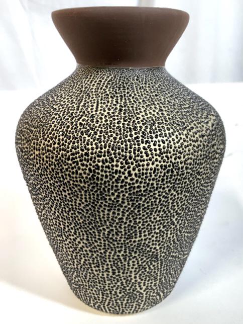Painted Textured Ceramic Vase: Inventory from Country Willow Fine Home Furnishings Bedford Hills, New York, textured Pebbly vase, dotted ceramic decorative accessory, vase, vessel, table ware, measures app ht 7 inches diameter app 