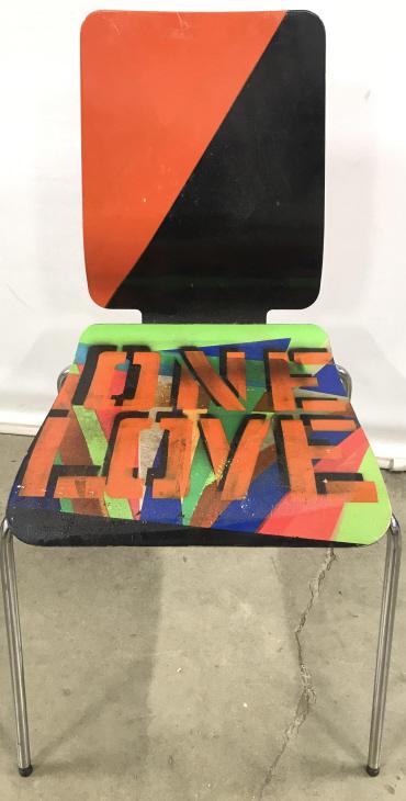 Artist Signed MCM Style Painted Wood Chrome Chair: Artist Signed MCM Style Painted Bent Wood And Chrome Chair, Seat has vibrant geometric painted design Seat and back with ONE LOVE stenciled on top of seat, illegibly signed on underside, some scratche
