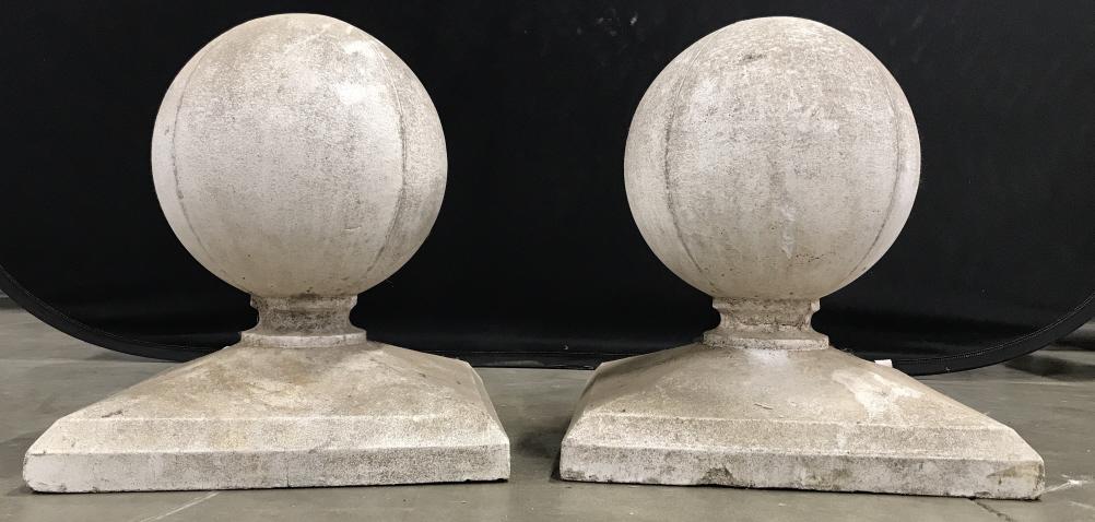 Pair English Antique Cast Stone Finials: Pair English Stately Possibly Antique Cast Stone Garden Entryway Finials, some chips to base at corners and lower edges, measures approximately 18.5 inches tall x 16 inches square at base. Grand Entry
