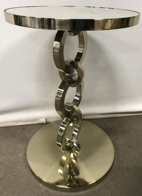 BERNHARDT Circle-Link Side Table W Mirrored Glass: Marked on underside for BERNHARDT. Side table designed with circle link pedestal base in a soft brass-plated tubular steel with an inset mirrored glass top. Measures approx 25 inches in height by 16 i