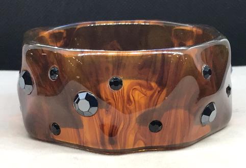 BAKELITE Bangle w Black Bead Crystals: Bangle has semi transparent tortoiseshell style look, 1 1/4 in. Wide. Skip on diameter 2 3/4 in. Aurora’s Borealis irredescent Coating On Black Crystals add shimmer. Bakelite Bangle, Retro Style Ban