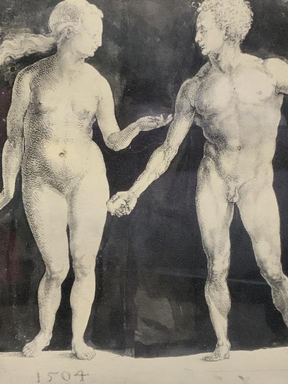 Framed Lithograph, Durer’s Adam & Eve: Framed lithograph of Albrecht Dürer’s Adam and Eve. Lithograph is matted and set behind plexiglass in bronze metallic tone wood frame. Measures approximately 17 inches in height by 15.8 inches in w