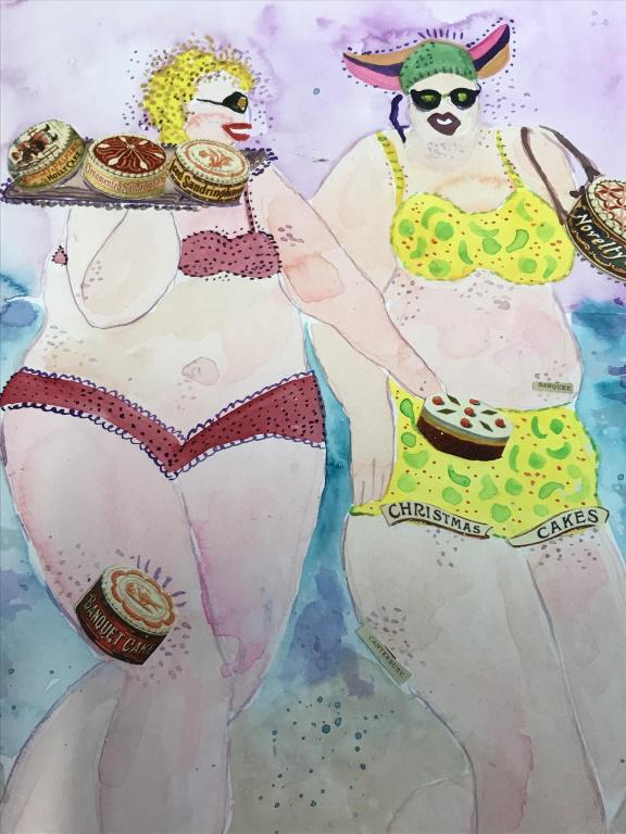 Signed Penelope CHIUSANO Mixed Media Artwork: Signed Penelope CHIUSANO in lower right corner. Mixed media artwork includes watercolor, print collage, and lace border appliqués. In the lower right corner ‘If Marcie and Ethel had listened to the