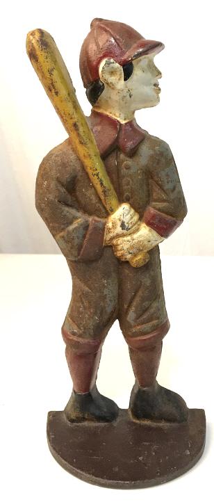 Antique Painted Iron Baseball Player Doorstop: Antique Painted Iron Baseball Player Doorstop, some signs of rust and wear due to age and use, measures approximately 11.5 inches tall x 4.5 inches wide x 2.75 inches deep, property of Westport Connec