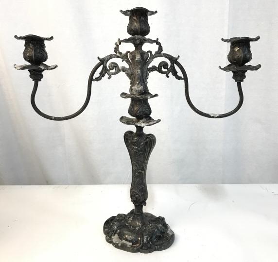 Barbour Silver Co Quadruple Plate Candelabra: Barbour Silver Co Quadruple Plate Candelabra With three candle holders, two arms, and intricate acanthus leaf and scroll design, damage in areas on center column, wax residue present, measures approxi