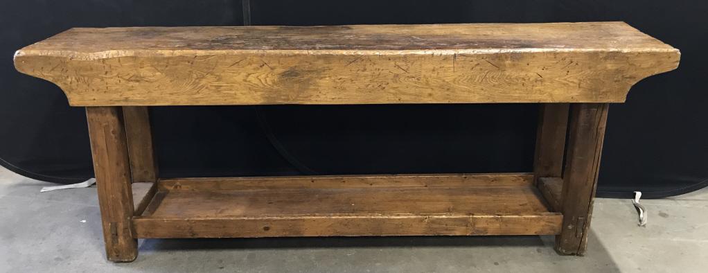 Vintage Rustic Oak Toned Wooden Console Table: Vintage Rustic Country Pine, Possibly Oak, Possibly Walnut Toned Long Console Table with lower stretcher shelf, chips, cracks, wear and uneven surfaces, due to age and use, possibly antique, measures