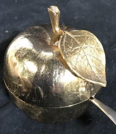Signed Michael ARAM Honey Pot Sterling Spoon: Gilded Metal Lidded Bowl w Sterling Silver Spoon, in form of Apple with Stem signed underside for Michael Aram, luxury tableware, designer home goods, luxury decorative arts, accessories, honey pot, j
