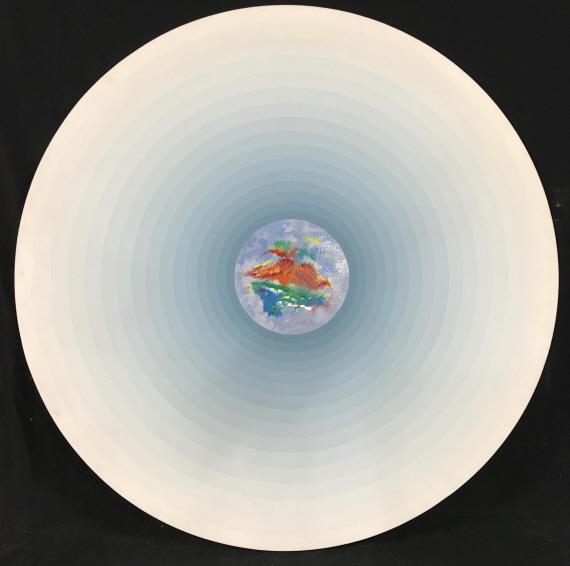 Verso Signed Gisela BEKER Acrylic on Canvas: Verso signed BEKER, attributed to Gisela Becker (Swiss b. 1932). Acrylic painting on round canvas depicts white to blue tone gradient with center abstract motif in mandala style. Titled ‘Negative an