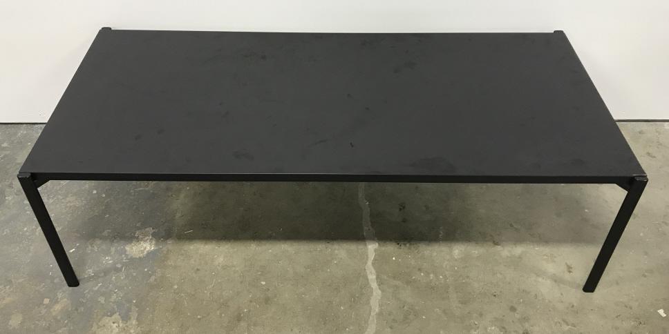 ARTEK Kiki Low Style Coffee Table: ARTEK Kiki Low Style Coffee Table, measures approx 55 inches long x 24 inches wide x 17 inches tall, damage to one corner and scuffs to metal legs. Table does not have Artek label, however, Table was