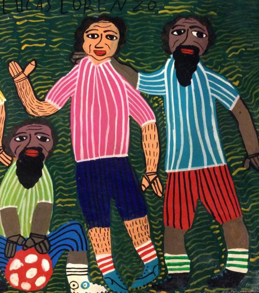 Lucas Lorenzo Soccer Players Painting: Painting of soccer/futbal players by Lucas Lorenzo. Wire on back for hanging. Measures approximately 12 by 8 inches. Piece is painted on a board. Art, colorful art, folk art, Mexican Folk Art, Painted