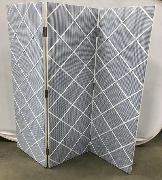 Three Panel Room Divider W Blue Gingham Fabric: Three Panel Room Divider With Blue And White Gingham Fabric, White ribbon and button criss cross design, some discoloration to fabric near edges, three buttons missing, measures approximately 61 inche