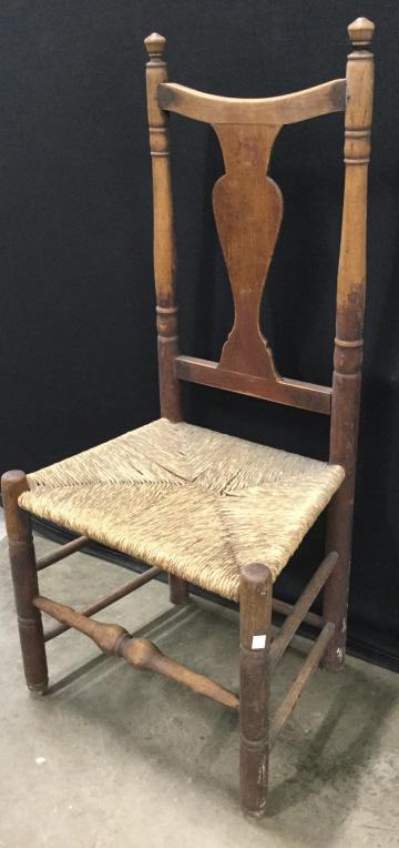 18th Century Style Vintage Vase Back Chair: Chair is vintage. Has 18th century style. Back rest has Vase shape. Piece has Rush Seat. Piece measures approx 41 inches tall 19 inches wide 16 inches deep. Vintage chair, Rush Seat chair, vase back c