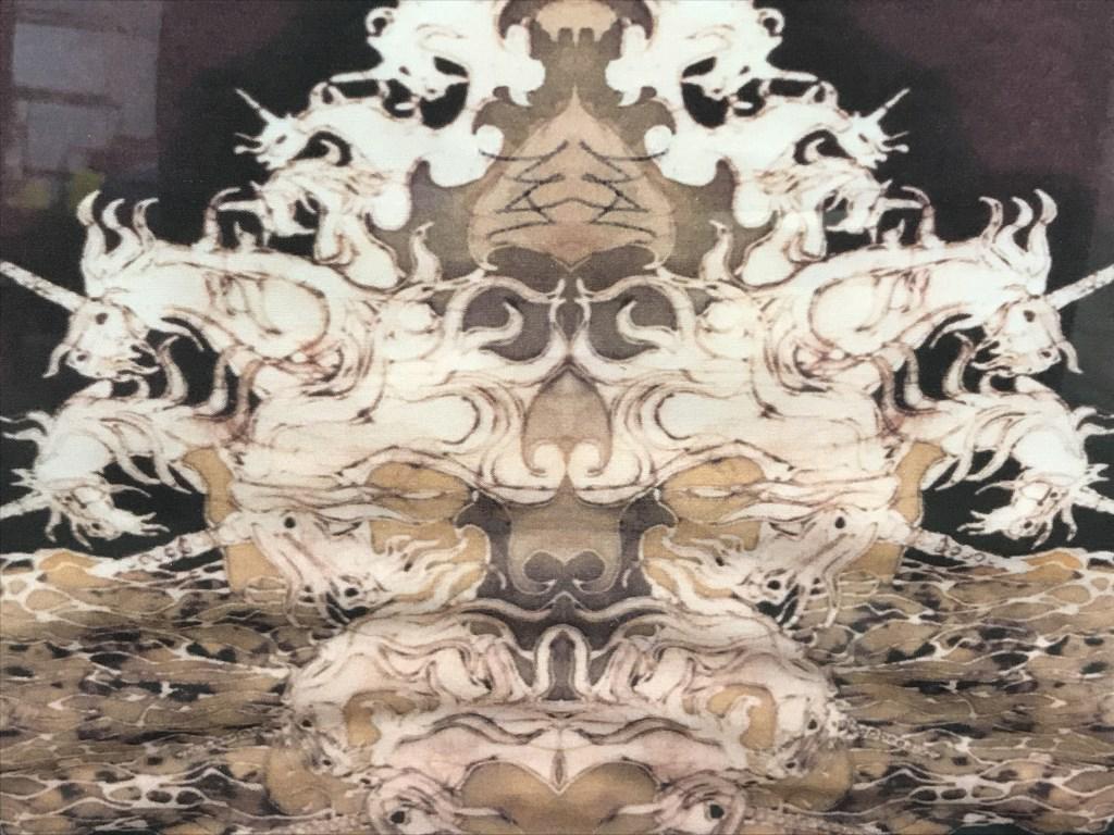 Framed Carol Law Conklin Print on Fabric: Framed print on fine cotton fabric by Carol Law Conklin. Artwork is titled ‘Unicorns Rise from the Sea.’ Verso has label for print. Fabric will need readjusting in frame. Fabric is matted and set