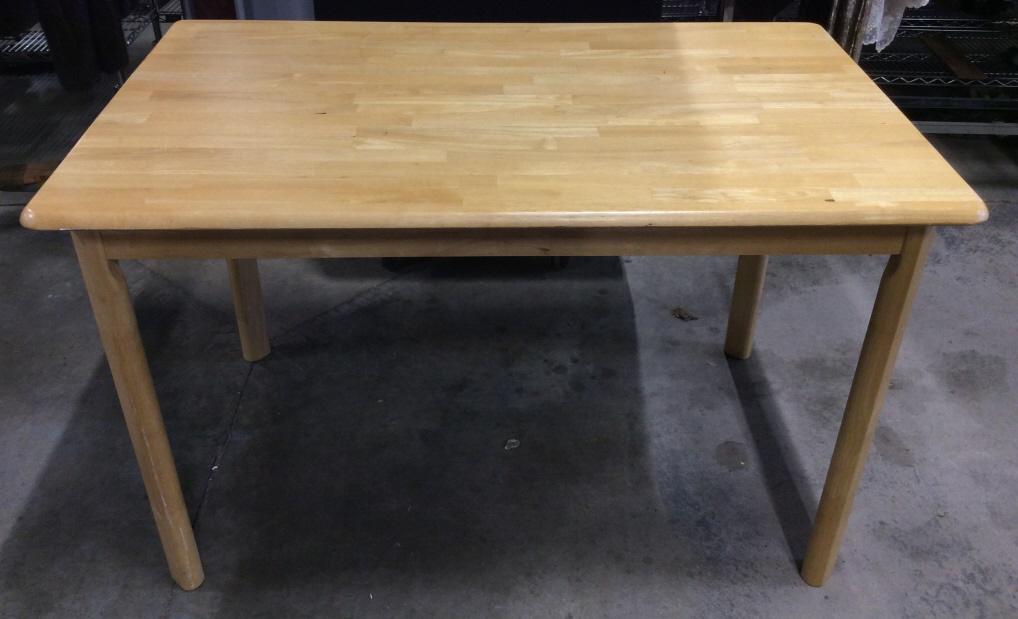 Pine Toned Wooden Dining Table: Pine Toned Wooden Dining Table, some surface scratches and nicks, measures approximately 48 inches long x 30 inches wide x 29.5 inches tall. Kitchen Table, Dining Table, Crafts Table, Wood Table. 2