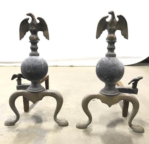 Pair Vintage Eagle Form Andirons: Pair Vintage POSs Antique Eagle Themed Andirons, Measures approx 13.5 inches tall x 8 inches wide x 17 inches deep, some rust to areas of metal, crack to piece of metal not visible from front. Vintage