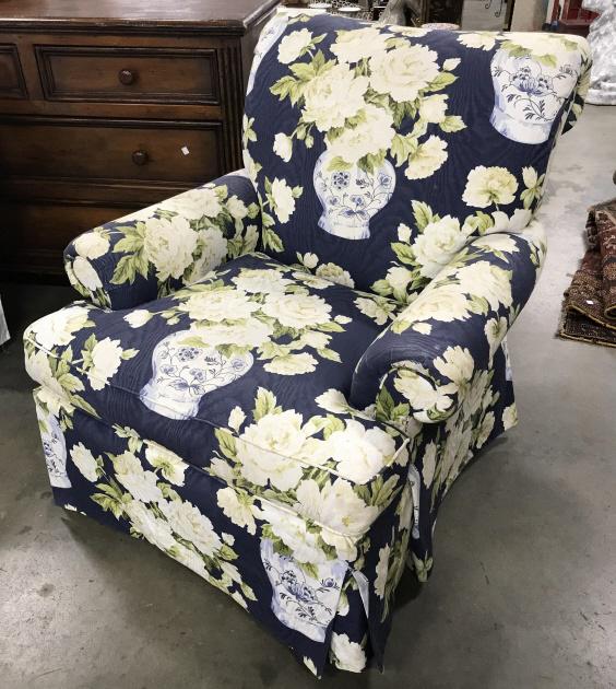 Calico Corners Upholstered Arm Chair: Calico Corners Upholstered Arm Chair With navy, green and white floral upholstered fabric, marked under cushion Brandy Wine Design Furniture custom Crafted with fabrics from Calico Corners, measures a
