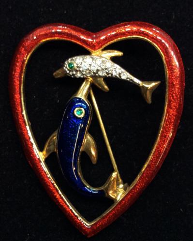 Enamel Heart DOLPHIN Pin: Maritime Theme and love for Dolphins. Playful Dolphins inside red enamel heart. One dolphin with blue enamel, the other with clear rhinestones. Gold tone finish. appr 2 x 1.5 in. Collectible Pins, Wea