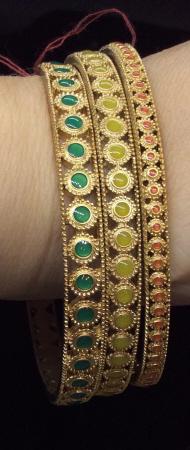 Florentine Style Set Of 3 Enamel Bangle Bracelets: Bangles courtesy of NYC Showroom Inventory from RL/ Carolee Designer. Micro beaded metal halo around micro Enameled circles. Intricate design. 2.5 in. diameter. Gold tone metal. Costume Jewelry, Ename