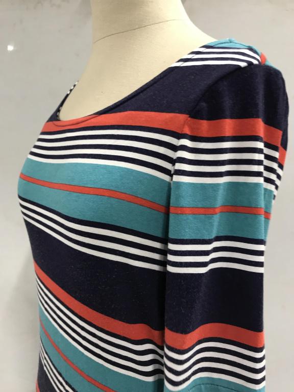 Designer C&C California Form Fitting Dress: Pullover Dress, Size XS. Rayon Stretch. Crew Neck. Sleeves to elbow. 36 in. long. Horizontal Stripes. Button back. Casual wear, Cruisewear, Vacation Attire, Florida Style, California Fashion, Luxury D