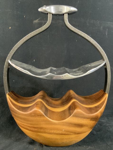 NAMBE Teak Metal Wine Caddy Hors d'oeuvres tray: Marked underside for NAMBE, appetizer carry server, hours doeuvres tray, centerpiece, vessel, architectural in design, interesting table ware, multi purpose server, ht app 15 inches width app 12 inche