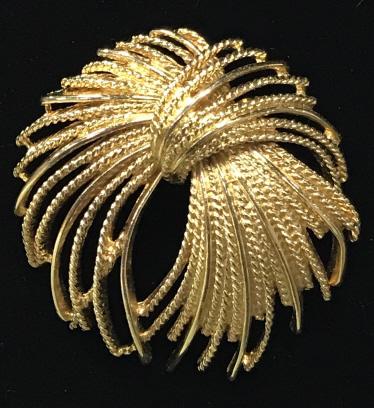 ‘Fireworks’ Brooch by Designer MONET,Signed: Gold tone brooch, signed on Smooth and rope shape costume metal. App 2 1/4 x 2 in. Brooch, Pin, Jacket Accessory, Jewelry, Pin, Gold tone, Gifts, Designer MONET, Monet Brooch, Signed Monet Brooch, Fas