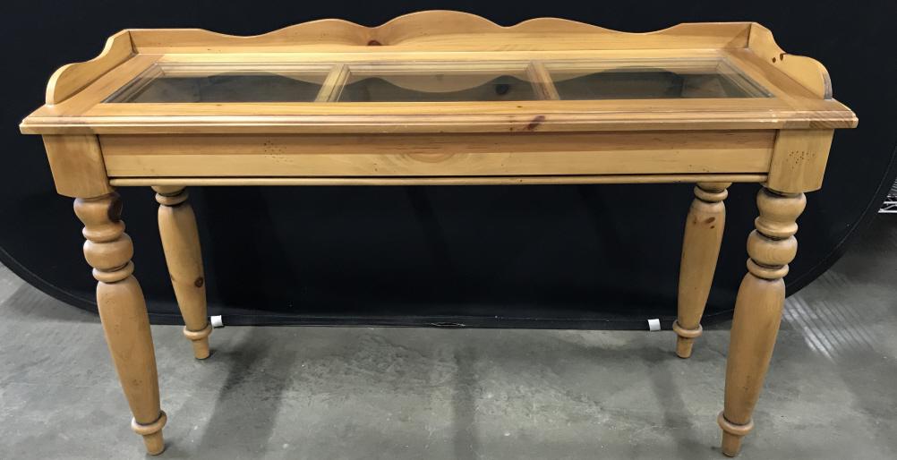 Glass Topped Pine Wooden Console Table: Glass Topped Pine Wooden Console Table With turned legs, Some minor marks and chips to wood, measures approximately 50 inches long x 17 inches wide x 30 inches tall. Console Table, Hallway Table, Behi