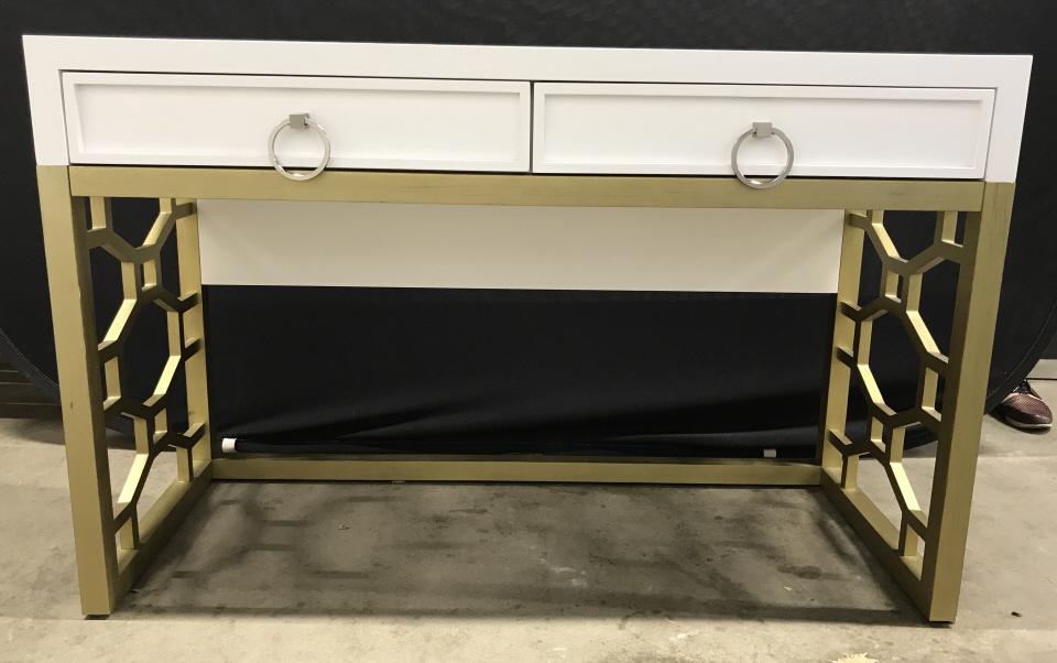 Contemporary Rachael Ray Home Vanity: Contemporary Rachael Ray Home Vanity With white toned laminate top with two drawers, silver toned circular drawer pulls and cold toned wooden base with geometric openwork design, marked on interior of